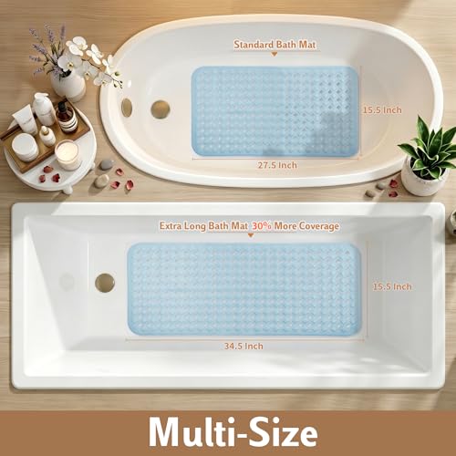 Yimobra Bathtub Mat Non Slip, Super Strong Suction Cups, 28"X16" Long Shower Mat with Drain Holes, Machine Washable Fast Draining Bath Mats, Bathroom Essentials, Light Blue - color: Light Blue, size: 27.5 X 15.5 Inch