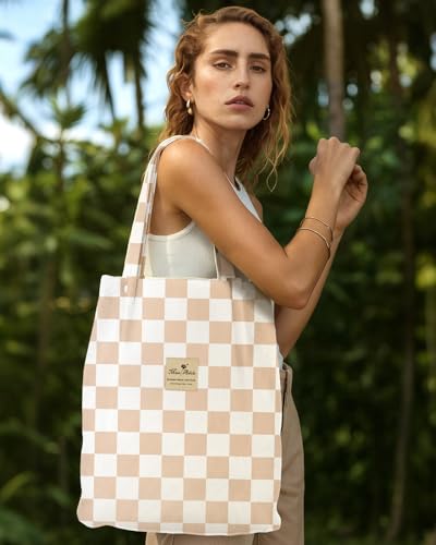 Miss Adola Corduroy Tote Bag for Women with Aesthetic Design | Magnetic Buckle & Pocket, Reusable, Soft, Roomy, Long Shoulder Handles, Double-sided Print, Casual Daily Work, Grocery Bags - color: Khaki Plaid, size: Large