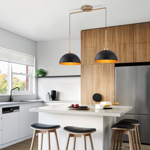 2 Light Black and Gold Dome Pendant Lights Kitchen Island | Height Adjustable, E26 Base, Easy Installation, Farmhouse Industrial for Dining Room Kitchen Island Restaurant Cafe Bar - color: Black-2 Lights