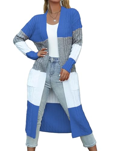 Womens Color Block Cardigan Sweater Long Duster Open Front Sweater in Chunky Cable Knit Plus Size Cardigan - color: 02-blue, size: Small