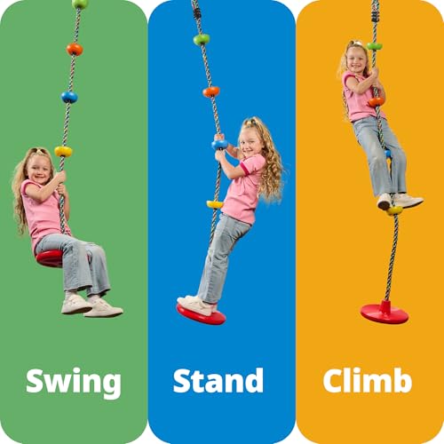 Jungle Gym Kingdom Tree Swing for Kids - Single Disc Seat and Brown Climbing Rope Set w/Carabiner and 4 Foot Strap - Treehouse and Outdoor Playground Accessories - Blue - color: Blue Disc/Brown Rope Swing
