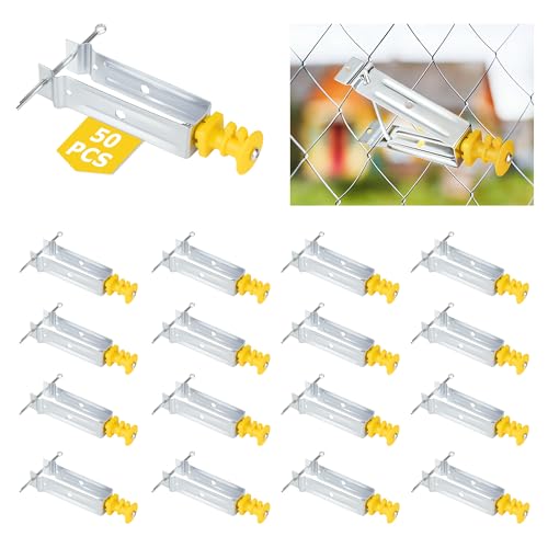 Chain Link Fence Insulator 50 Pcs Electric Fence Insulator, T Post Extender Wire Holders for Chain Link and Studded T & U-Posts Tubing, Yellow