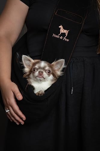 Noah & Paw Dog Sling Carrier for Small Dogs 3-10lb, Dog Sling for Small Dogs and Cats, Dog Carrier with Adjustable Padded Strap, Vegan Denim Lined with Fur, 3X Safety Features, Machine Washable - color: Black, size: 15.0"L x 6.0"W x 5.5"H