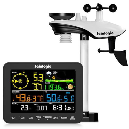 Sainlogic Wireless Indoor Outdoor Weather Station with Rain Gauge, Shows Temperature, Humidity, Barometric Pressure, Forecast, Moon Phase, and Bedroom Alarm Clock (No WiFi)