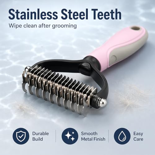 Pet Pro Grooming Tool, 2-In-1 Double-Sided Grooming Tool, Sided Deshedding Dematting Tool, Undercoat Rake for Dogs & Cats, Extra-Wide Dog Grooming Brush & Deshedder Comb for Long Hair(Blue + Pink)