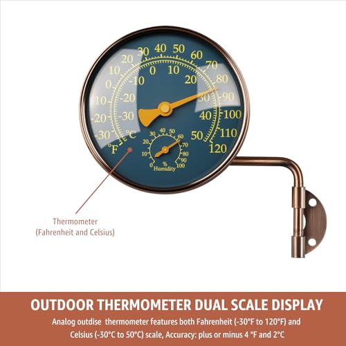 4" Outdoor Thermometer & Humidity Gauge, Brass Analog Dial | Window Thermometer for Outside Temperature & Humidity Monitor, Battery-Free for Patio Garage Greenhouse Garden Wall