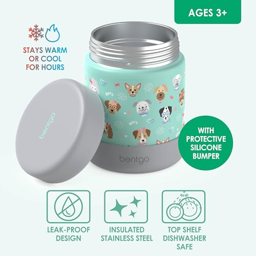 Bentgo Kids Stainless Steel Leak-Proof Food Jar for Hot or Cold Food | 11 fl oz Double Insulated Container with Removable Silicone Bumper, Dishwasher Safe, Easy Open Lid, Ages 3+ (Puppy Love) - color: Puppy Love