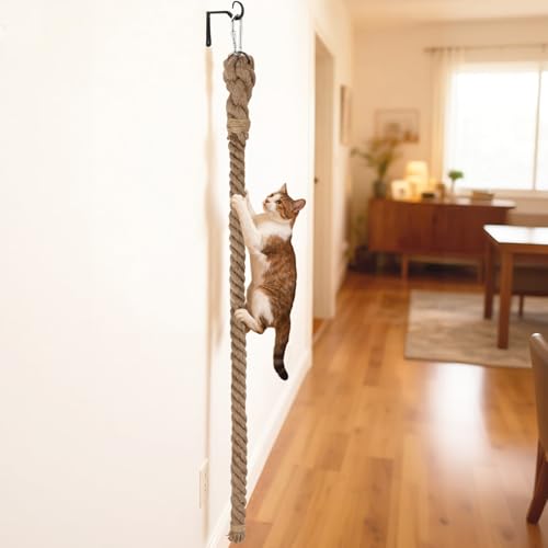 2" x 4.92Ft Cat Climbing Jute Rope with Hook for Wall Mounting | Thick Sisal Material, Ceiling Hanging Option, Heavy Duty Scratching Post Alternative, Indoor Outdoor Active Gym for Kittens - size: 59 IN(1.5M)