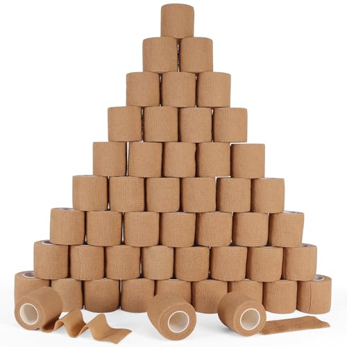 48 Pack Self Adhesive Bandage Wrap, 2” x 5 Yards Cohesive Medical Tape Elastic Grip Tape Black Sports Tape Athletic for Ankle, Wrist Sprains, Pet First Aid (Brown) - color: Brown