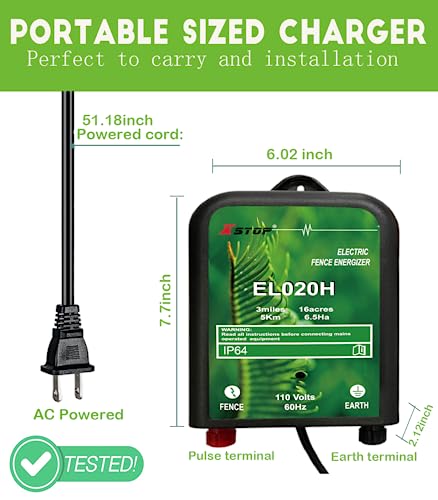 Electric Fence Charger XSTOP EL020H 3.1 Miles Low Impedance Electric Fence Energizer Output 8500V 0.2Joule Best for Dogs,Horses,Livestock, Squirrels,Deer Electric Fence System