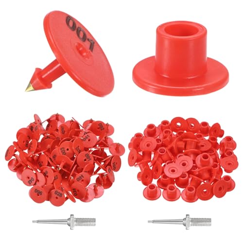 M METERXITY 100-Pack Cattle Ear Tags 001-100 Number, Plastic Round Livestock Tags with 2 Ear Label Needles for Cows/Sheep/Cattle/Pig, Farm Animal Identification Markers [Red] - color: Red