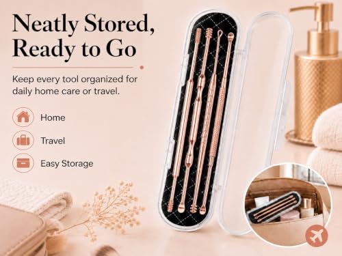 Hion 6 Pcs Ear Wax Removal Kit,Professional Double-Headed Ear Pick Earwax Removal Tools,316L Stainless Steel Ear Cleaner Curette with Cleaning Brush and Storage Box,Suit for Kid Adult(Rose Gold) - color: Rose Gold
