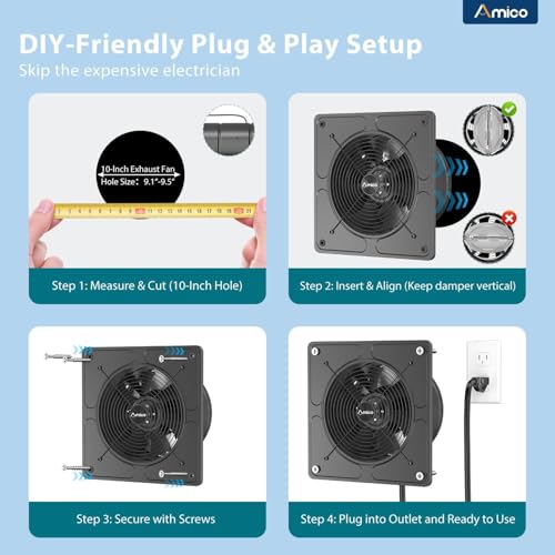 Amico 10" Kitchen Exhaust Fan, Remote 9-Speed, 50W EC Motor, 1038 CFM | High Airflow Wall Mount Extractor Fan, Garage, Attic, Greenhouse, 8-Hr Timer, Low Noise 55dB, 3-Year Protection - size: 10 inch