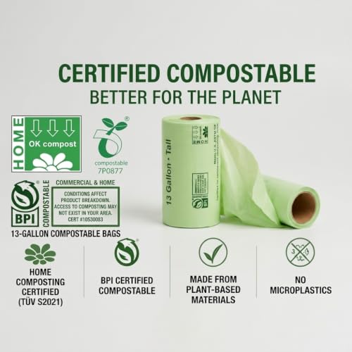 OrangeBio 13 Gallon Compostable Trash Bags, 50 Count, BPI Home Certified | 0.9 Mil Tall Kitchen Garbage Bags for Food Waste & Home Composting, Plant-Based, 24" x 31.5" - size: 50 Count (Pack of 1)