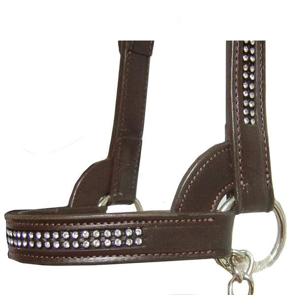 Derby Originals New and Improved Premium Crystal Bling Rhinestone Inlay Flat Leather Cattle Show Halter with Matching Chain Lead - color: Black, size: Large (950lbs-1500lbs)