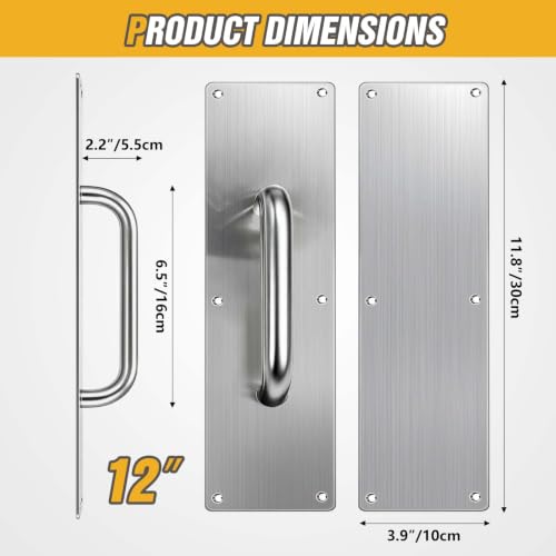 12" Stainless Steel Door Pull Handle with Push Plate for Home/Public | 12" Push pull door handle set with smooth rounded edges for safe use in Home/Office/Warehouse/Public/Commercial Door - size: 12'' Handle Pull & Push Plate