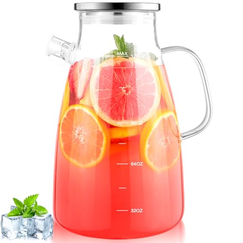 1 Gallon 128oz Glass Pitcher,Water Pitcher with Full Seal Lid and Spout, Glass Carafe for Hot/Cold Drink, Water Jug for Iced Tea, Coffee, Juice, Milk, Beverage | Thickened Borosilicate Glass Iced Tea Pitcher, Drip-free Spout, Heat Resistant, Stovetop Dish