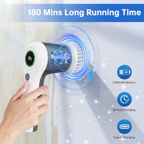 PUFTEM Electric Spin Scrubber, Cordless Shower Scrubber, Gray | Battery Level Display, Dual Speed, 6 Replaceable Brush Heads, IPX7 Waterproof, Long Runtime, Tub, Tile & Sink Cleaning - color: Gray