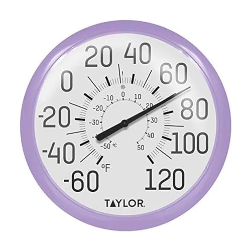 Taylor Big and Bold Wall Dial Thermometer, Indoor Outdoor Thermometer, Wireless Thermometer with Easy to Read Numbers for Patio, Pool, Garage and Indoor Areas, 13.25-inch, Lilac - color: Lilac, size: 13.25 inches (Pack of 1)