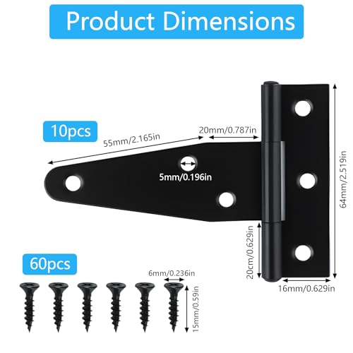 RUGLAMZHIP 10 Pcs 3 Inch Strap Hinges Black Heavy Duty | T Strap & Barn Door Hinges for Gates, Shed Doors, Outdoor Fences. Durable Hardware for Wooden Fences, Tee Hinge Design.