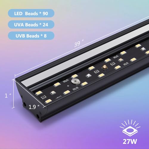 39-Inch LED UVB Reptile Light with Auto On/Off & Preset Day-Night Cycle Dimming, 4 UVI Modes Fixture Controller, 27W Aluminum UVA UVB Lamp for Bearded Dragons, Turtles & Snakes, 6500K - size: 39 INCH