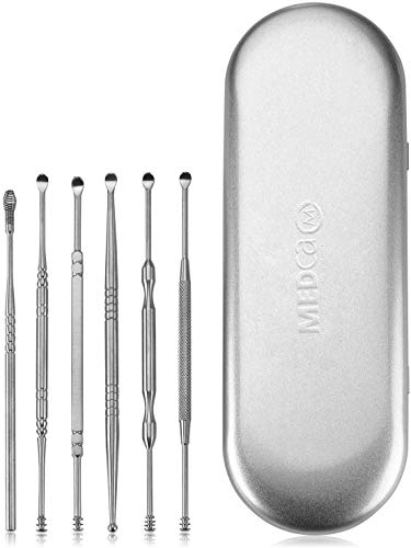 Stainless Steel Ear Curette Cleansing Kit - 6 Piece Set with Spiral Spring Pick Unclogger, Thorough Ear Wax Removal and Storage Case