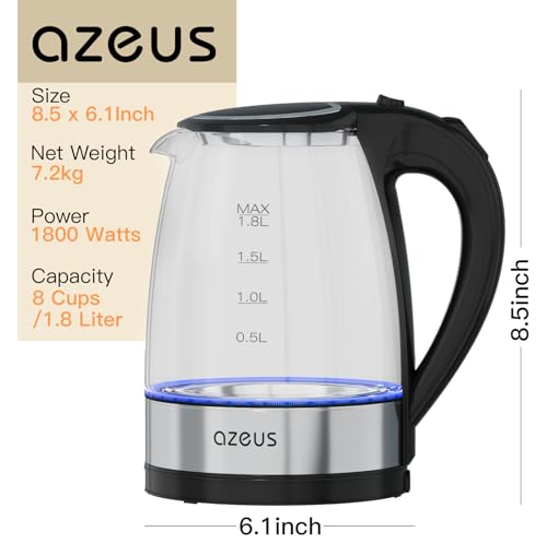 AZEUS Electric Kettle 1800W Cool Touch Tea Kettle Anti-scalding Design 1.8L Large Capacity Kettle BPA-Free, White