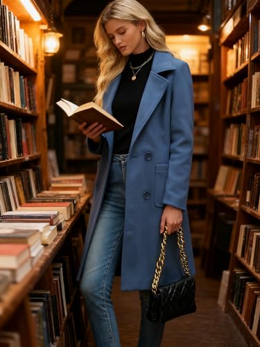 Women Winter Wool Blend Camel Mid-Long Coat Notch Double-Breasted Lapel Jacket Outwear - color: Blue, size: X-Large