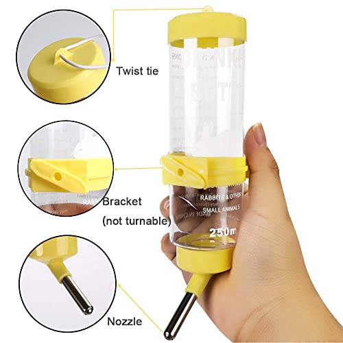 Depets 2PCS 8.45 oz No Drip Small Animal Water Bottle, Cage Water Bottles | Plastic, for Small Pet/Guinea Pig/Hamster/Bunny/Ferret/Rabbit, Hanging Wire & Buckle Included, Easy to Install, Yellow & Blue