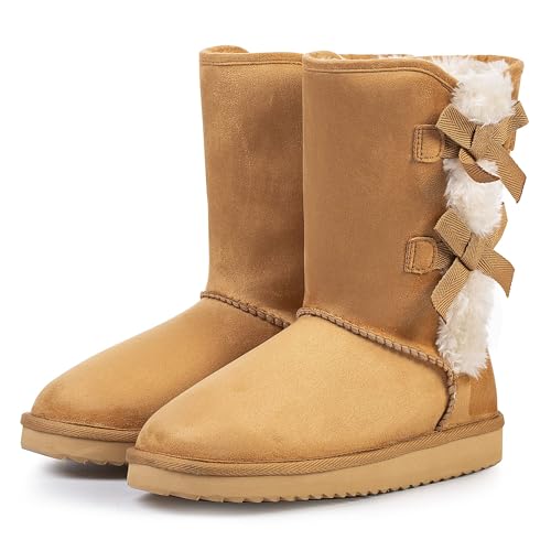 KRABOR Womens Suede Snow Boots Mid-Calf Winter Shoes with Side Bows | Cozy Lining,Fuzzy,Cute,Comfy,Warm,Non-Slip - color: Brown-1, size: 7