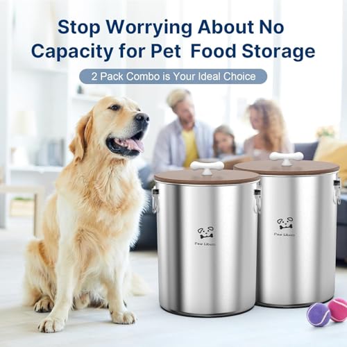 Paw Libero 2PK 25 Lbs total 50 Lbs Stainless Steel Dog Food Storage Container with Airtight Wooden Lid & Ceramic Bone Handle, Large Metal Dog Food Bin for Dogs & Cats - size: 25 lbs - 2pk