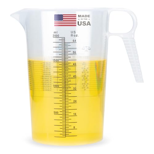 Half Gallon 64oz (2 quart) Measure Pitcher- Conversion Chart-Strong Food Grade - Resistant to Chemicals- Great for Lawn, Pool & Spa, Ag, Home Hobbies, Lye, Cooking, Shop Motor Oil Fluids Made In USA - size: 64 oz