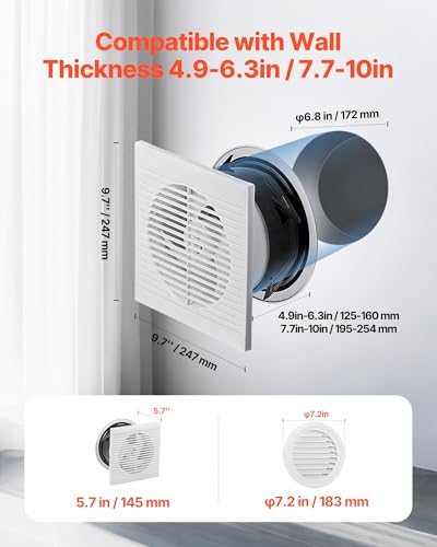 VEVOR Through-the-Wall Ventilation Fan， White Grille, 110 CFM, 6.8" Diameter Exhaust Fan Duct with 10-Inch Retractable Hose for Kitchen, Living & Laundry Room Workshop - size: 6.8 Inch Diameter