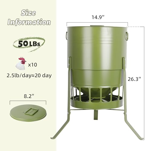 KOL Chicken Feeder No Waste for Coop & Outdoors, 16 Port 50lbs Poultry Feeder with Spill-Control Design, Rust-Proof Powder Coated Metal & Smooth Safe Edges (Avocado Green) - color: Avocado Green