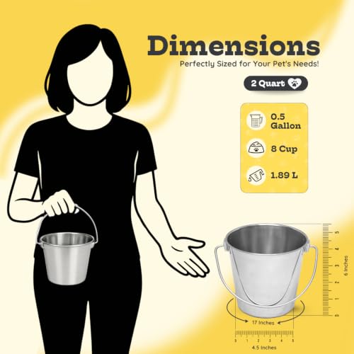 2Qt Round Stainless Steel Heavy Duty Dog Water Bucket, 2-Pack | Food & Water Pail, Half Gallon Capacity, Heavy-Duty, Round Design with Carry Handle, Ideal for Dogs, Cats, Birds & Small Pets - size: 2 Quart (Pack of 2)