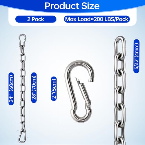 2 Pack Stainless Steel Gate Chain Lock, 5/32" x 28" Latch with Carabiners | Premium Gate Latch for Horse, Goat, Cattle, Pet & Outdoor Fence. Double End Carabiners for Secure & Easy Fasten
