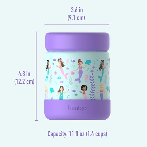Bentgo Kids Stainless Steel Leak-Proof Food Jar for Hot or Cold Food | 11 fl oz Double Insulated Container with Removable Silicone Bumper, Dishwasher Safe, Easy Open Lid, Ages 3+ (Mermaids) - color: Sea Life