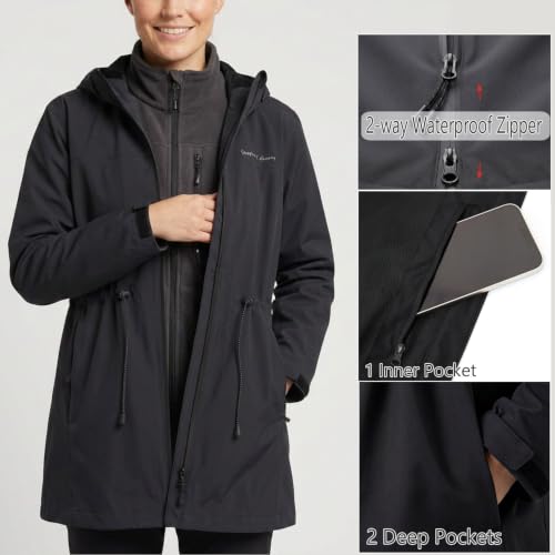 Women's Waterproof Long Rain Jackets Raincoats with Adjustable Hood | Lightweight Outdoor Activities Rain Shell Relaxed Fit Drawstring Waist Windbreaker Breathable Mesh-Lined Trench Coat - color: Black, size: Large