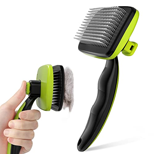 Pecute Skin Friendly Self-Cleaning Slicker Brush for Dog & Cat Shedding | 1 click clean, Lightweight, Undercoat hair removal, For short/long/double/white coats - size: Small