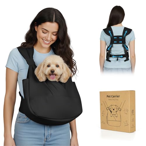 Dog Sling Carrier Front with Thicken Bottom Support for Small Dogs 10-16 lb | Adjustable, Hands Free, Comfortable Wearable, Lightweight, Vet Visits, Anxiety, Travel, Hiking, Safety Clip Black - color: Black, size: Medium