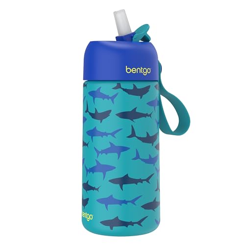 Bentgo Kids Stainless Steel Water Bottle, Leak-Proof, 14 oz, Bite & Sip | Vacuum Insulated, 18/8 Stainless Steel, 12-Hour Cold, Dishwasher Safe, BPA-Free (Sharks) - color: Sharks
