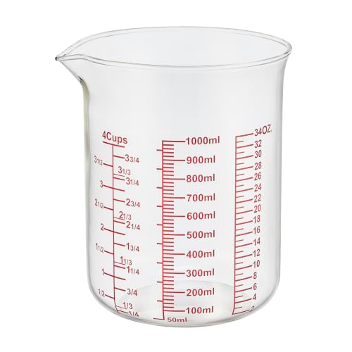 Ackers BORO3.3 Borosilicate Glass Measuring Cup with V-Spout, 1000 ml | Red printed ml, fl oz and cup scales with a wide opening for cooking, baking, mixing and liquid transfer - size: 4Cup,1000ML