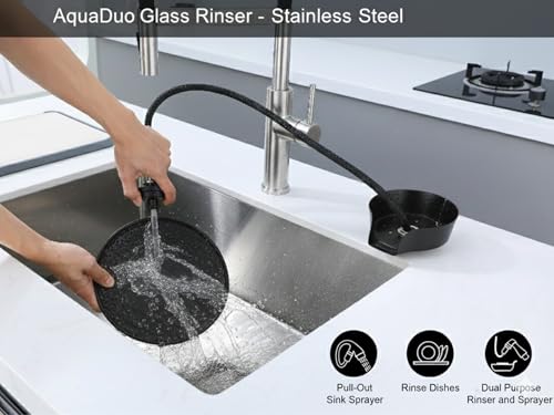 AquaDuo Glass Rinser and Kitchen Sink Sprayer Combo, Stainless Steel Cup Washer, Cup Cleaner, Bottle Washer, Glass Cleaner, Bar Sink Attachment, Pull Out Sprayer (Matte Black (Stainless Steel)) - color: Matte Black (Stainless Steel)