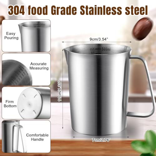 Copkim 4 Pcs Milk Frothing Pitcher with Handle 16 oz, 500 ml, 2 Cup 304 Stainless Steel Pitcher with Pour Lip Metal Liquid Measuring Cups Measuring Jug Milk Frothing Cups for Latte Art Water Pouring - size: 2 Cup