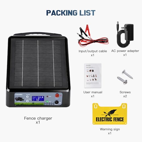 20 Miles Solar Electric Fence Charger Kit, 0.3-2.0J Adjustable, LED | 6KV/8KV/10KV/12KV, 6W 18Ah Rechargeable Solar Panel, 24H Uninterrupted Protection, Day/Night Mode, Portable, IP55 Waterproof - color: Black-Gray