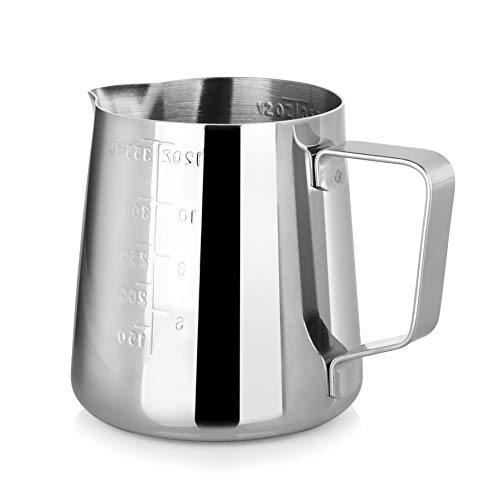 New Star Foodservice 28805 Stainless Steel Frothing Pitcher, 12 oz Espresso Milk Steaming Cup with Measurement Scale, Commercial Grade 18/8 Barista Pitcher for Lattes, Cappuccinos, Coffee, Silver - size: 12 Ounces