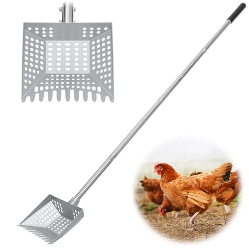 Chicken Poop Scooper Spring Steel Shovel 32-60in Adjustable Handle | Sifting Shovel for Chicken Coop Adjustable Stainless Steel Tube Cleaning Tool for Coop with Rubber Handle - size: 8" W x 3" D