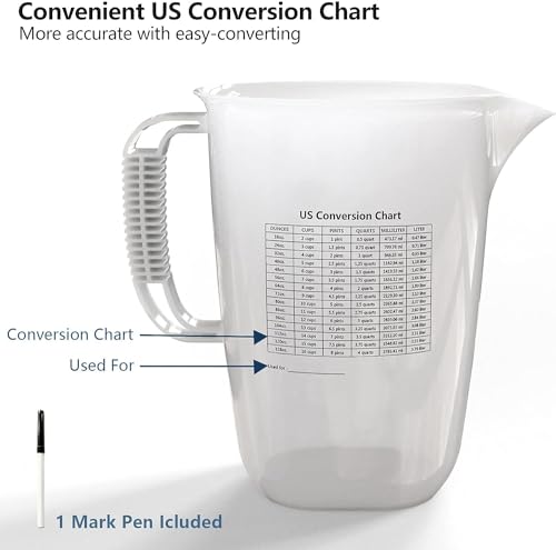 1 Gallon Measuring Pitcher-Convenient Conversion Chart,134oz Extra Large Plastic Measuring Cup-Strong Food Grade Material,Graduated Mixing Pitcher Great for Lawn,Pool Chemicals, Motor Oil and Fluids - color: 1 Gallon / 134oz - Translucent