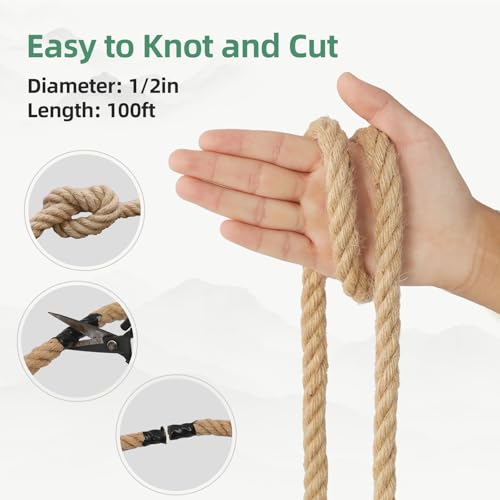 Natural Jute Rope, Heavy Duty Thick Rope, 1/2 in x 100 ft | For indoor and outdoor crafts, nautical rope decor, railings, hammocks, swings, gardening and tug of war - size: 1/2 in x 100 ft