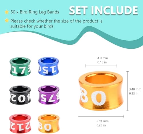 Bird Leg Bands Ring Tags Aluminum Alloy Closed Ring Bird Identification Leg Rings for Hibiscus Birds,Parrots,Peonies,etc.Mixed Colors 50 Per Pack(ID4.0MM) - size: ID4.0MM